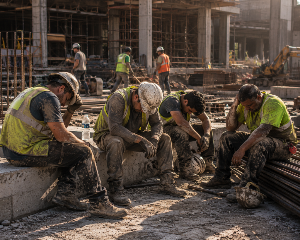 exhausted construction workers resting during a hard day on a building job site