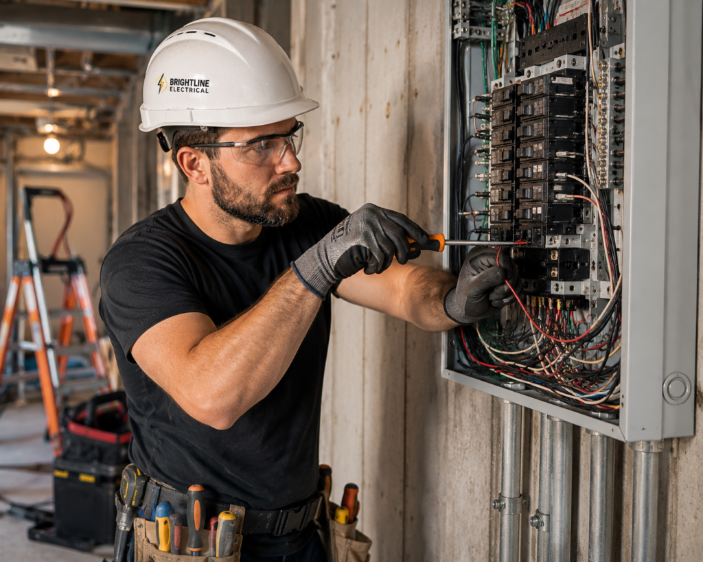 electrician working on a breaker panel during a residential construction project