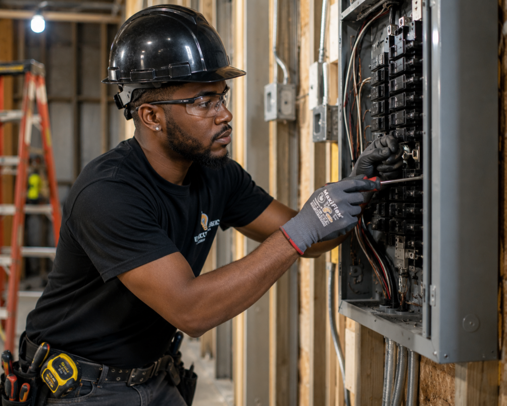 black electrician working on an electrical installation at a construction job site