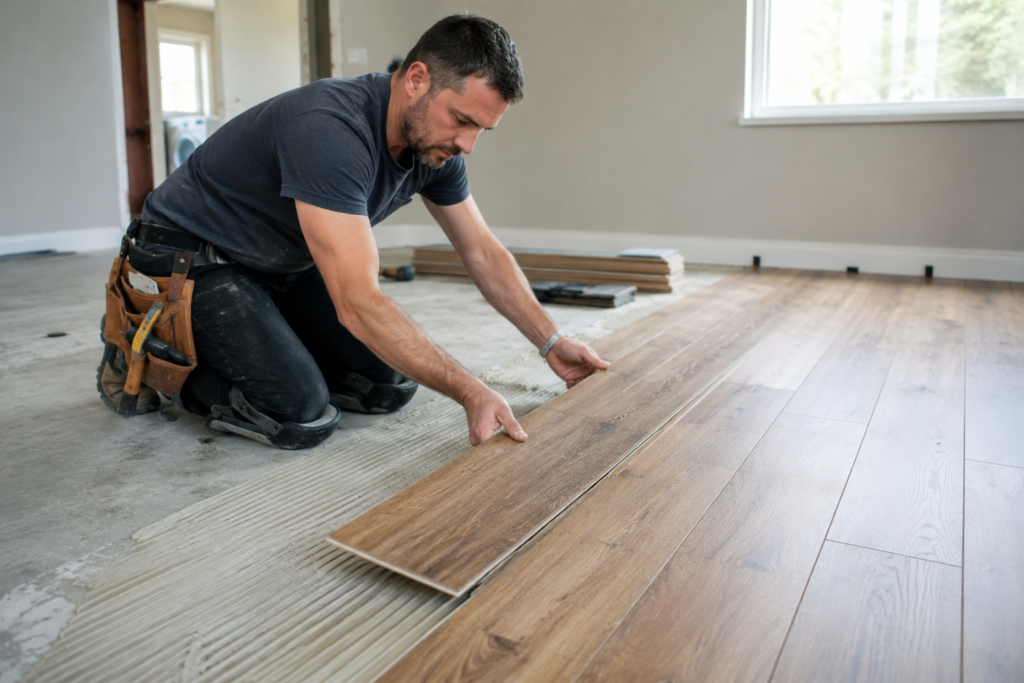 flooring contractor installing wood flooring inside a residential renovation project