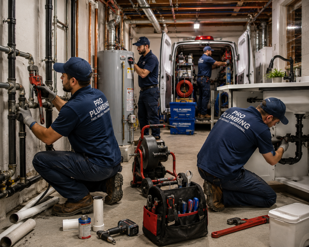 professional plumbing crew working together on multiple repair and installation jobs