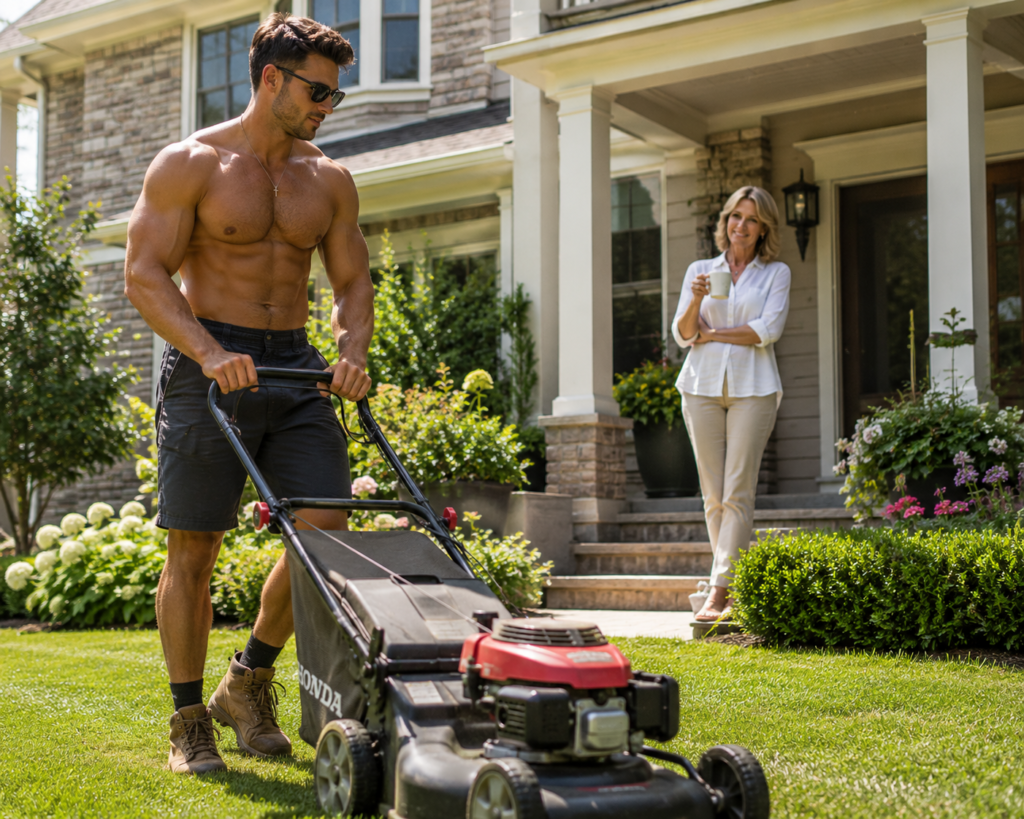 muscular landscaping worker mowing the lawn of a luxury suburban house