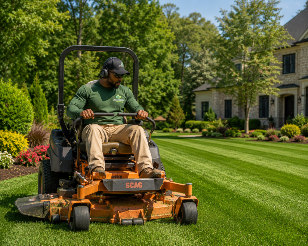landscaping contractor cutting grass with a professional riding mower on a luxury property