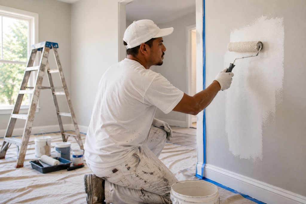 painting contractor working hard inside a residential home renovation project