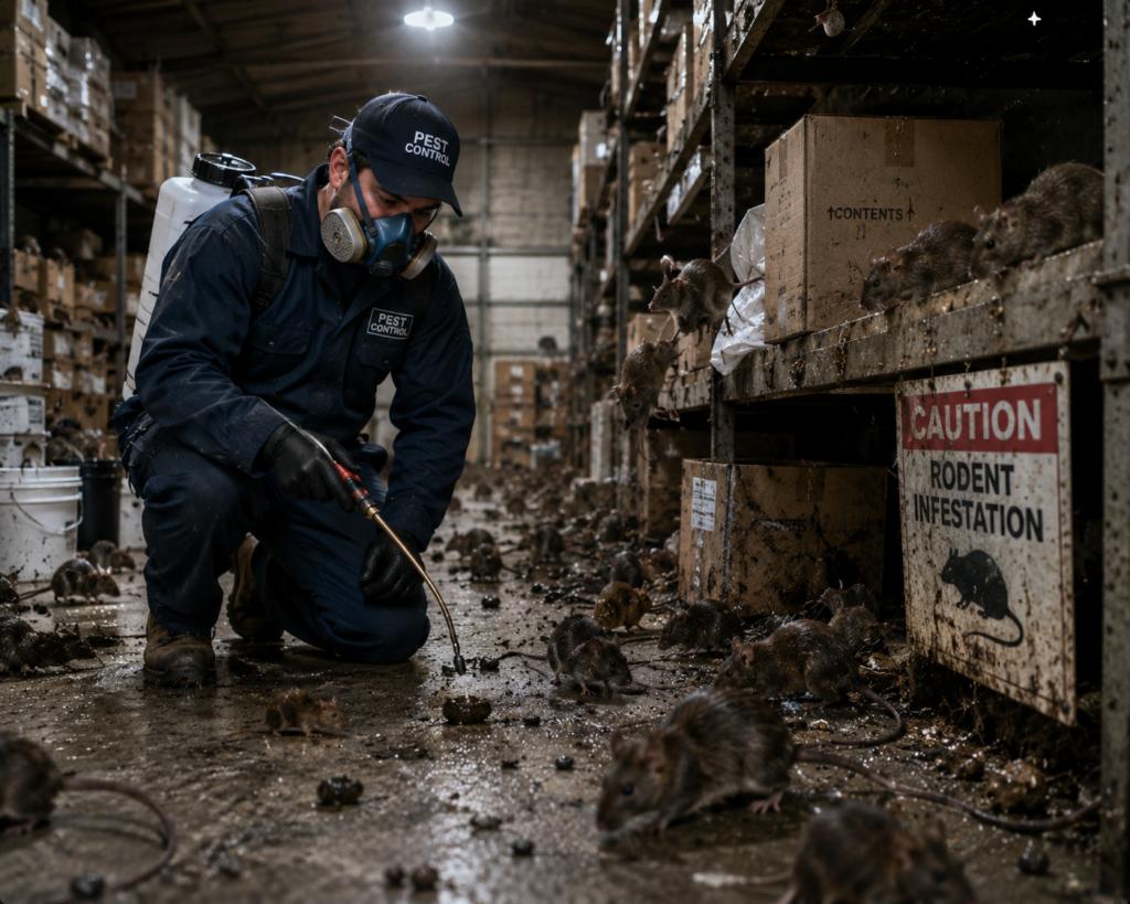 pest control worker handling a severe rat infestation inside a dirty warehouse