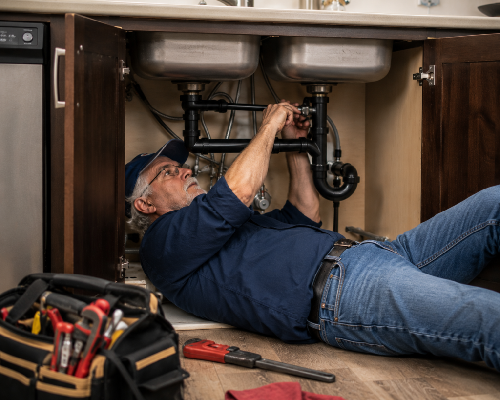 old plumber repairing a kitchen sink inside a residential home