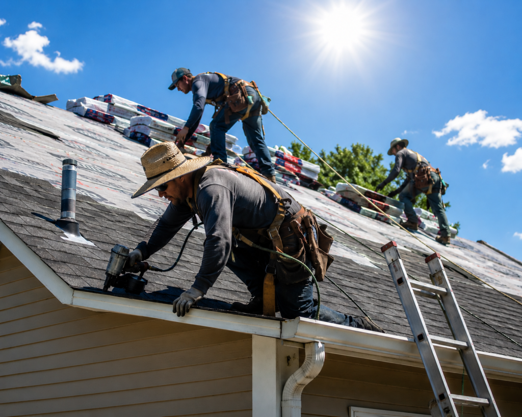 roofing crew working hard under the hot sun on a residential roofing project