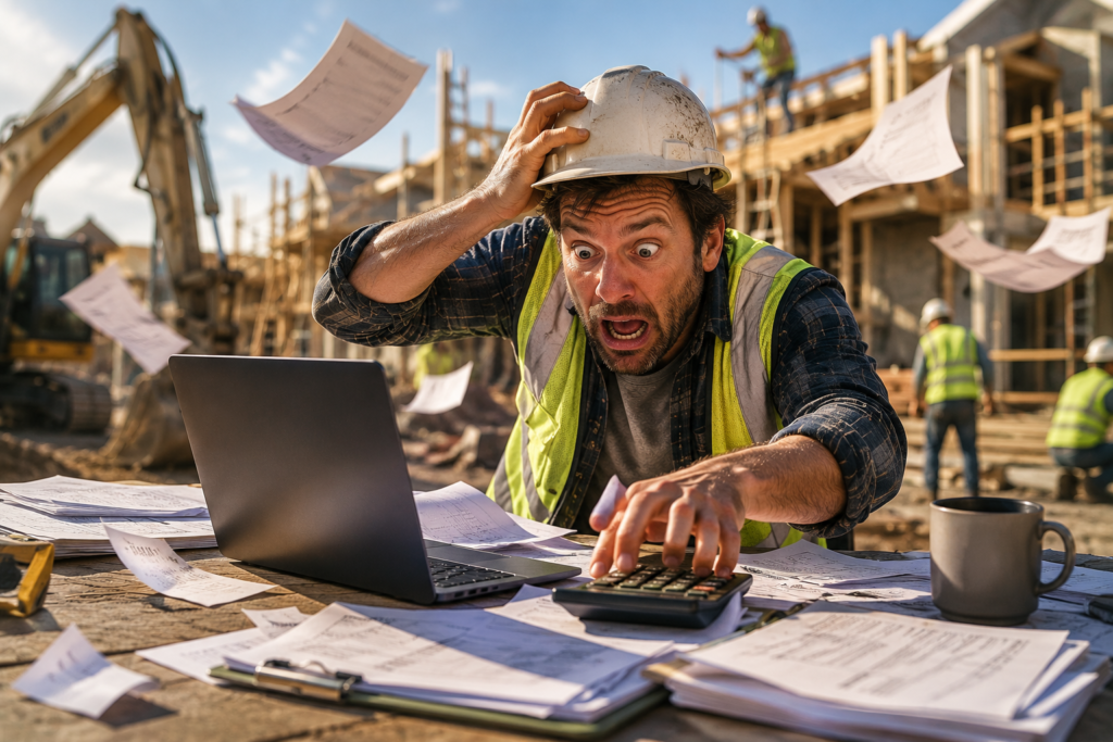 stressed contractor overwhelmed by construction bookkeeping problems on a job site