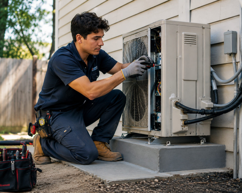 young HVAC technician installing and repairing an air conditioning system on a residential job site