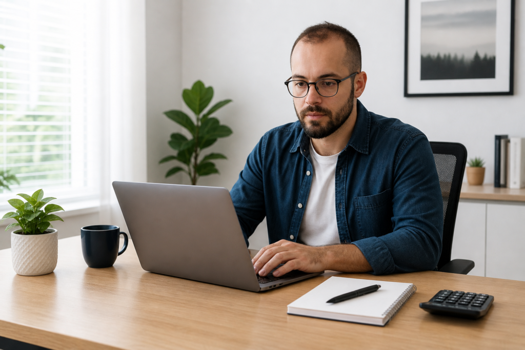 Remote bookkeeper working from home managing small business finances in QuickBooks